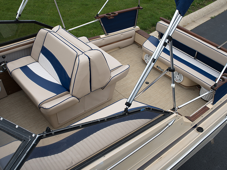 Upholstered seats on a powerboat bridge deck
